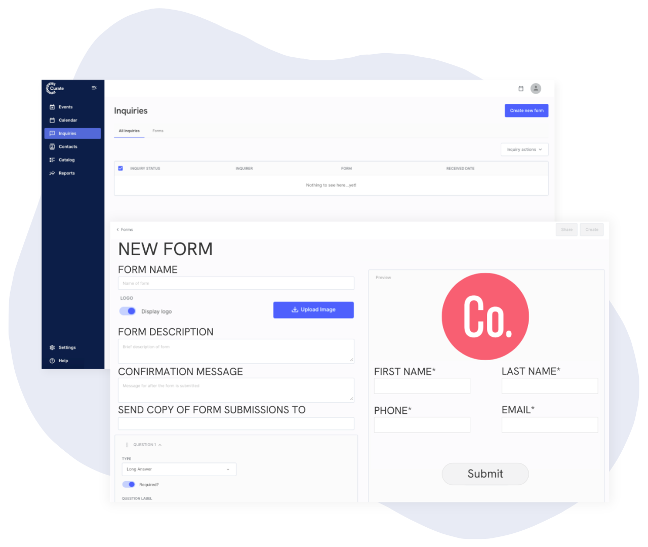 booking and billing interface for venue software with inquiries, client proposals, and payment plan features
